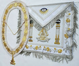 Masonic Grand Lodge Past Master White Hand Embroidered Apron &amp; Golden Plated Chain Collar on White Velvet-10CODE