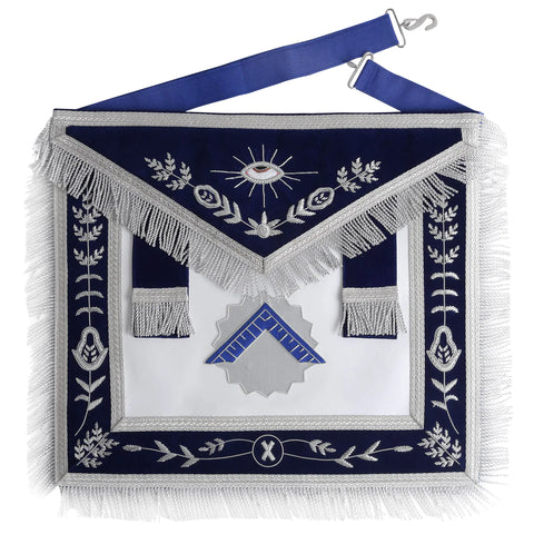 Worshipful Master Blue Lodge Officer Apron - Navy Blue With Silver Fringe-10CODE