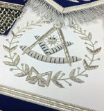 Hand Embroidered Masonic Past Master Mason Apron Royal Blue with Silver Bullion & Fringe - Zest4Canada 