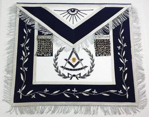 Masonic Hand Embroidered Past Master Navy Blue Apron with Silver Bullion & Fringe - 10CODE