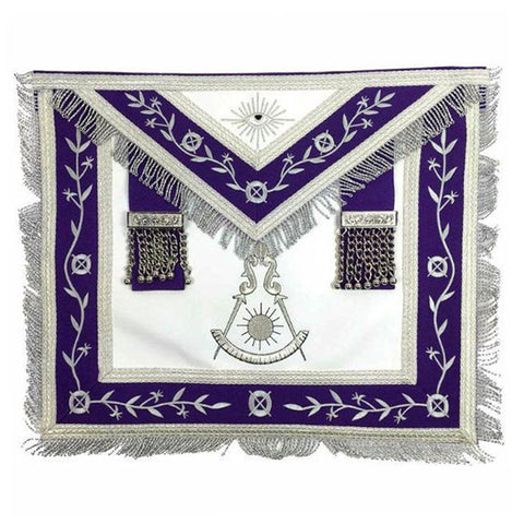 Blue Lodge Past Master Leather Purple Apron Silver Fringe – Machine Embroidered