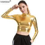 VISNXGI Women T-Shirts Sexy Crop Tops Long Sleeve Turtleneck Short Lady Fashion Shining Female Gold Green Black Silver Clothes