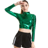 VISNXGI Women T-Shirts Sexy Crop Tops Long Sleeve Turtleneck Short Lady Fashion Shining Female Gold Green Black Silver Clothes