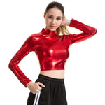 VISNXGI Women T-Shirts Sexy Crop Tops Long Sleeve Turtleneck Short Lady Fashion Shining Female Gold Green Black Silver Clothes