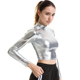 VISNXGI Women T-Shirts Sexy Crop Tops Long Sleeve Turtleneck Short Lady Fashion Shining Female Gold Green Black Silver Clothes