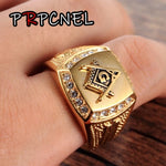 US 7 to 14 size Gold Color Signet Symbols Titanium 316L Stainless Steel Masonic Men Ring Freemason Male Rings Jewelry Gift