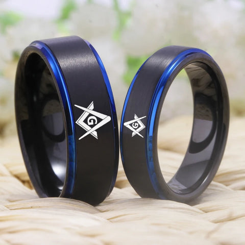 YGK Brand Couple Wedding Jewelry For Lovers Couple Tungsten Ring Black Blue Tungsten Wedding Ring Masonic Design Mason Ring