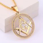 New Trendy AG Masonic Round Pendant Necklace Men's Necklace Bohemian Crystal Inlaid Metal Pendant Accessories Party Jewelry