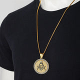 Hip Hop Iced Out Masonic Symbol Pendant Necklaces Male Gold Color Stainless Steel Round Freemason Necklace For Men Jewelry Gift