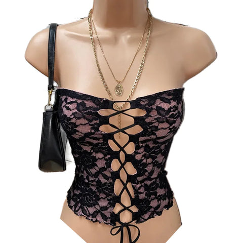 y2k Fairy Coquette Backless Bandeau Vest Floral Lace Mesh Boob Tube Tops Frint Tie Up Hollow Out Chest Chest Crop Top Club Party