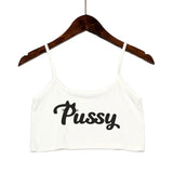 PUSSY Letters Print Girls Fashion SummerTops Sexy Seamless Lovely Sleeveless Tank Top Summer Camis Backless Camisole Crop Top