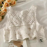 Women Sweet Cotton Camisole Summer Floral Embroidery Sleeveless Buttons Front Crop Tops Beach Sweet Crochet French Style