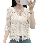 Women Summer Knitted Lace Shrug Boho Hollow Crochet Floral 3/4 Sleeves Open Front Cropped Cardigan Elegant Short Mesh Sweater