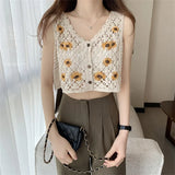 Women Sweet Cotton Camisole Summer Floral Embroidery Sleeveless Buttons Front Crop Tops Beach Sweet Crochet French Style