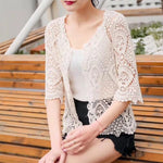 Women Summer Knitted Lace Shrug Boho Hollow Crochet Floral 3/4 Sleeves Open Front Cropped Cardigan Elegant Short Mesh Sweater