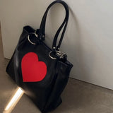 Y2K Handbag Women Heart Printing Soft PU Leather Shoulder Bag Large Capacity Tote Bag Luxury Lady Shopping Bag 2024 New