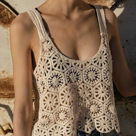 Women Vintage Crochet Cropped Tank Top Boho Hollow Out Knitted Floral Pattern Camisole Summer Sleeveless Cover Up Vest