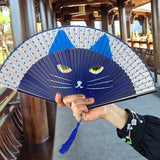 1pc Japanese Style Cat Pattern Bamboo Folding Fan Women Lovely Cartoon Kitty Hand Fans Kimono Bathrobe Handheld Fan Crafts Decor