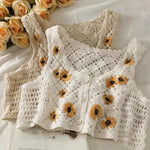 Women Sweet Cotton Camisole Summer Floral Embroidery Sleeveless Buttons Front Crop Tops Beach Sweet Crochet French Style