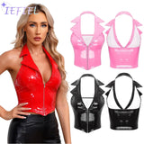 Womens Gothic Steampunk Vest Deep V Neck Front Zipper Slim Fit Waistcoat Sexy Nightclub Party Clubwear Latex Crop Tops XXXXL