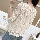 Women Summer Knitted Lace Shrug Boho Hollow Crochet Floral 3/4 Sleeves Open Front Cropped Cardigan Elegant Short Mesh Sweater