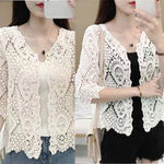 Women Summer Knitted Lace Shrug Boho Hollow Crochet Floral 3/4 Sleeves Open Front Cropped Cardigan Elegant Short Mesh Sweater