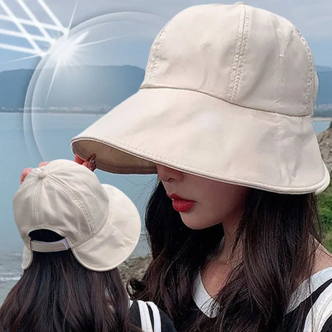 Women Summer Sunhat Cotton Ponytail Bucket Hat Outdoor Beach Adjustable Sun Visor Hats Solid Color Foldable Panama Fisherman Cap