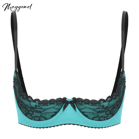 Womens Sexy Lingerie Open Chest Bra Adjustable Spaghetti Straps Underwire Half Cup Bow Lace Push Up Balconette Bra Underwear