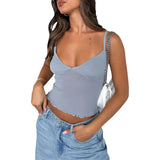 Women Summer y2k Fairy Sexy Camisole Spaghetti Straps V Neck Tulle Patchwork Slim Fit Tops Party Club Female Korean Style Vest