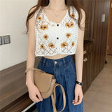 Women Sweet Cotton Camisole Summer Floral Embroidery Sleeveless Buttons Front Crop Tops Beach Sweet Crochet French Style