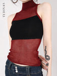 Yedinas Hotsweet Patchwork Turtleneck Knitted Vest Tank Top Women Sleeveless Gothic 2023 Summer Y2k Hollow Out Top Feminino Chic