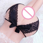 Hot Sale Women's Sexy Hollow Out Thong Lingerie Open Crotch Underwear Lady's Crotchless Lace Panties With Bow Plus Size M - XXL