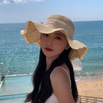 Women's Straw Hat Spring and Summer Lace Bow Large Brim Breathable Foldable Sunshade Caps Beach Cap Sweet Fisherman Hat S131