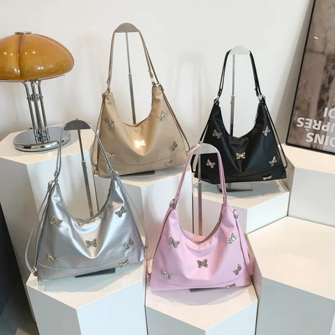 Womens Fashion Butterfly Design Shoulder Crossbody Bag Light Luxury Handbags Pu Leather Bucket Bag Chic Clutch Purse 2024 Trend