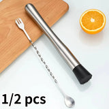 1/2Pc Stainless Steel Cocktail Muddler with Bar Mixing Spoon Cocktail Muddler Bartender Spoon Long Drink Stirrer Bar Accessories