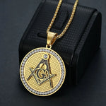 Hip Hop Iced Out Masonic Symbol Pendant Necklaces Male Gold Color Stainless Steel Round Freemason Necklace For Men Jewelry Gift