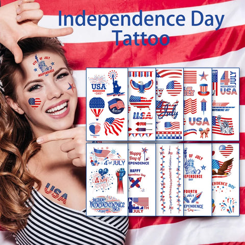 10 Sheets Independence Day USA July 4th Temporary Tattoo Stickers American Flag Tattoo for Independence Day Party Decoration