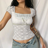 Sweet Women Lace Crop Tops Summer 2023 Patchwork Square Collar Short Sleeve Slim T Shirt Fairycore Clothes Cute E Girl Clothing