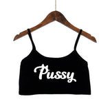 PUSSY Letters Print Girls Fashion SummerTops Sexy Seamless Lovely Sleeveless Tank Top Summer Camis Backless Camisole Crop Top