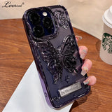 Glitter Butterfly Gradient Stand Case for iPhone 15 15Pro 14 12 13 Pro Max 14Pro Bracket Transparent Plating Soft Silicone Cover