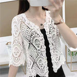 Women Summer Knitted Lace Shrug Boho Hollow Crochet Floral 3/4 Sleeves Open Front Cropped Cardigan Elegant Short Mesh Sweater