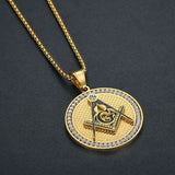 Hip Hop Iced Out Masonic Symbol Pendant Necklaces Male Gold Color Stainless Steel Round Freemason Necklace For Men Jewelry Gift