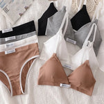 Women Cotton Bra Set Sexy Briefs Low Waist Panties Wire Free Bralette Sport Lingerie Vneck Brassiere Female Underwear Set