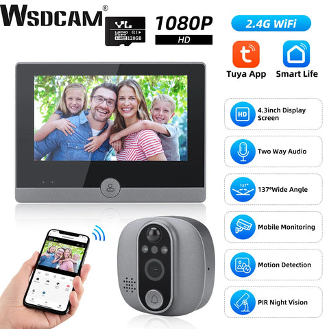 Wsdcam WiFi 4.3 Inch LCD Peephole Camera Night Vision Door Bell Smart PIR Recording Peephole Doorbell 137° Wide Angle