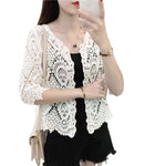 Women Summer Knitted Lace Shrug Boho Hollow Crochet Floral 3/4 Sleeves Open Front Cropped Cardigan Elegant Short Mesh Sweater