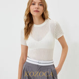 Kozoca 100% Wool Chic White Elegant Striped See Through Women Tops Outfits Short Sleeve T-Shirts Tees Skinny Club Party Clothes