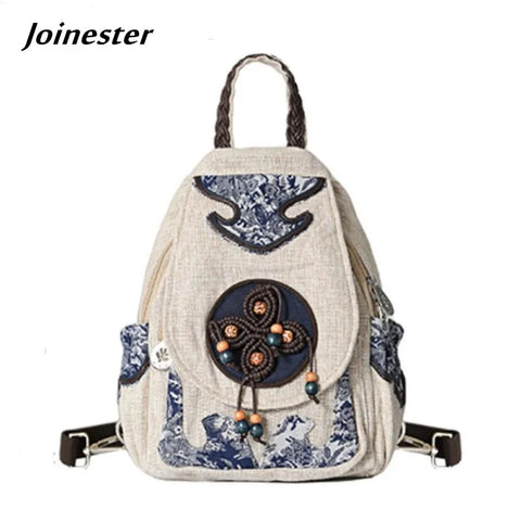 Women Retro Style Lightweight Canvas Backpack Ethnic College Schoolbag for Girls Multi Pocket Handwoven Casual Travel Bags