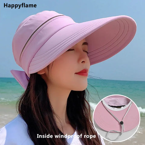 Women's Summer Hat Removable Cap Top with Zipper Empty Top Hat Cycilng Anti-UV Sun Hats Ladies Foldable Big Brim Hat Visor Caps