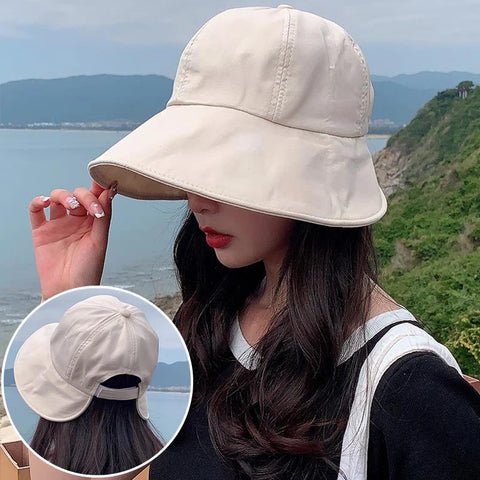 Women Summer Sunhat Cotton Ponytail Bucket Hat Outdoor Beach Adjustable Sun Visor Hats Solid Color Foldable Panama Fisherman Cap