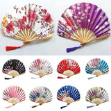 1pc Japanese Style Retro Shell Shaped Fan Silk Cloth Bamboo Folding Fans Wedding Hand Fans Single-side Flower Curved Fanbone